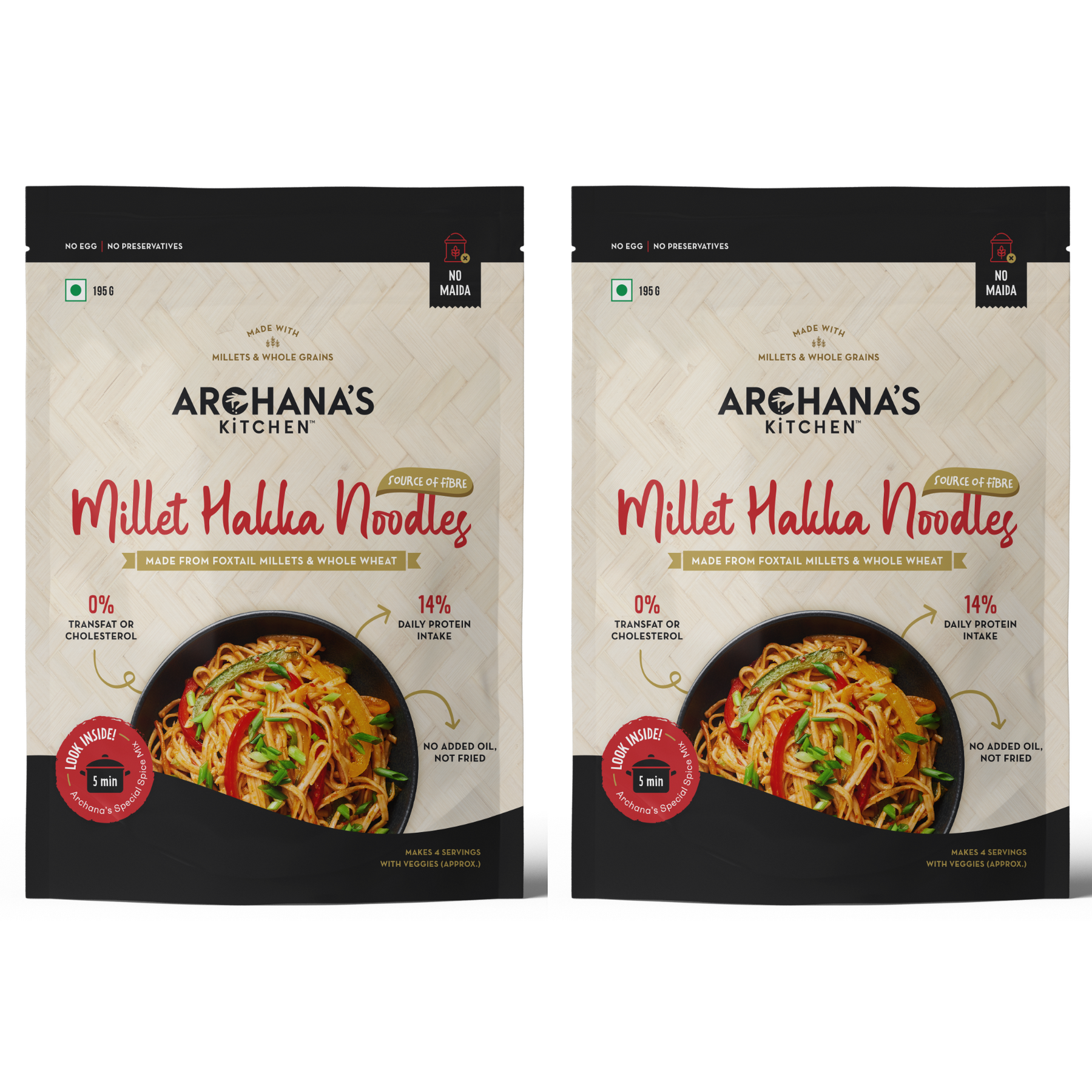 Millet Hakka Noodles | Chow Mein | 195g | Non Fried | No MSG | No Maida | Eggless