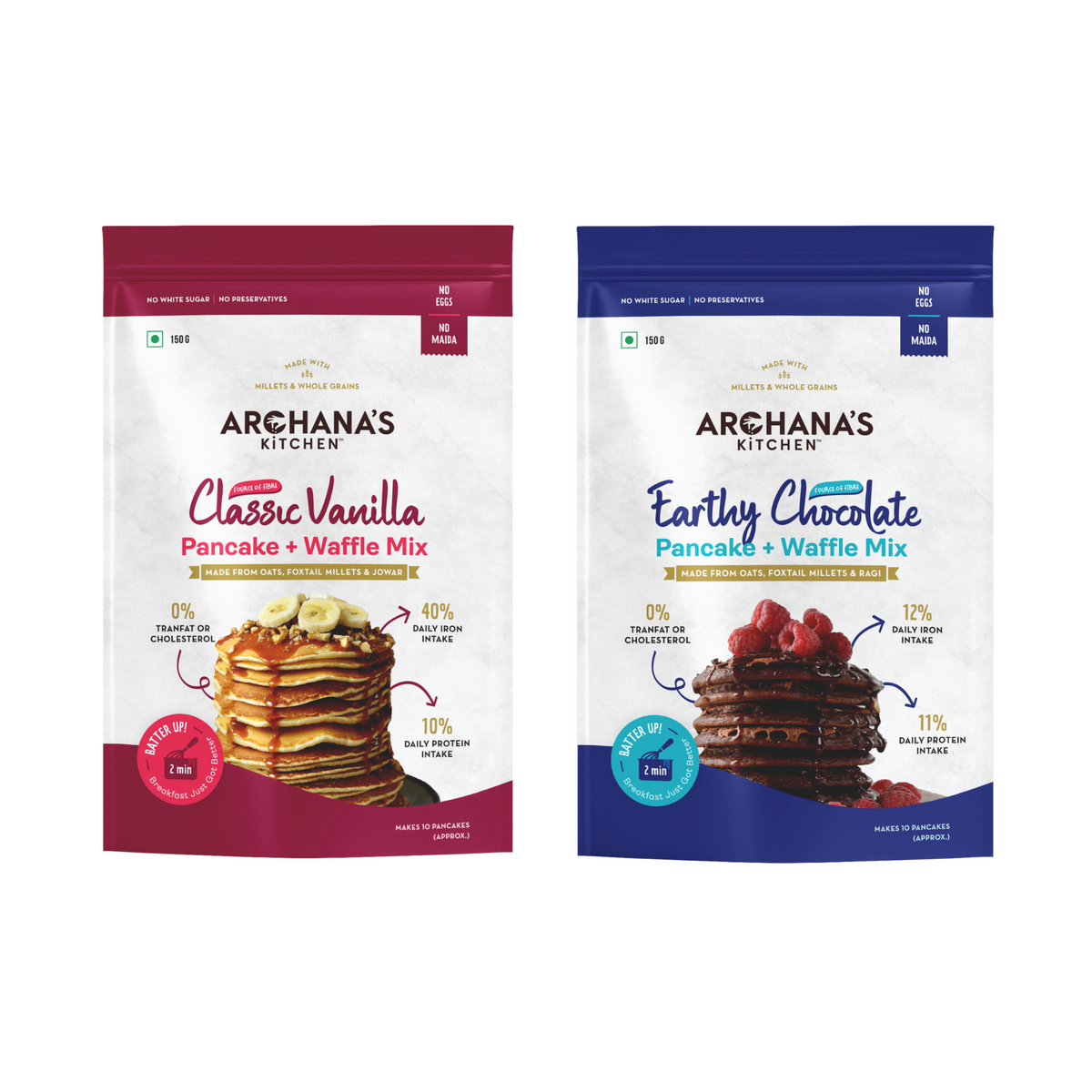 Classic Vanilla and Chocolate Pancake and Waffle Mix Combo | 150g Each | Zero Maida | Eggless