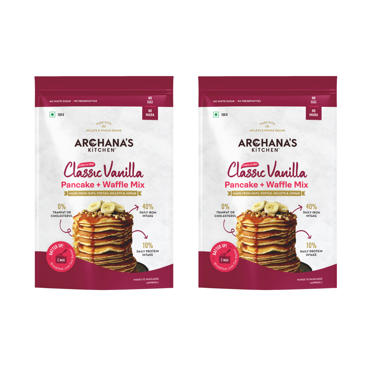 Classic Vanilla Pancake and Waffle Mix - Pack of 2 | 150 g Each | Zero Maida | Eggless